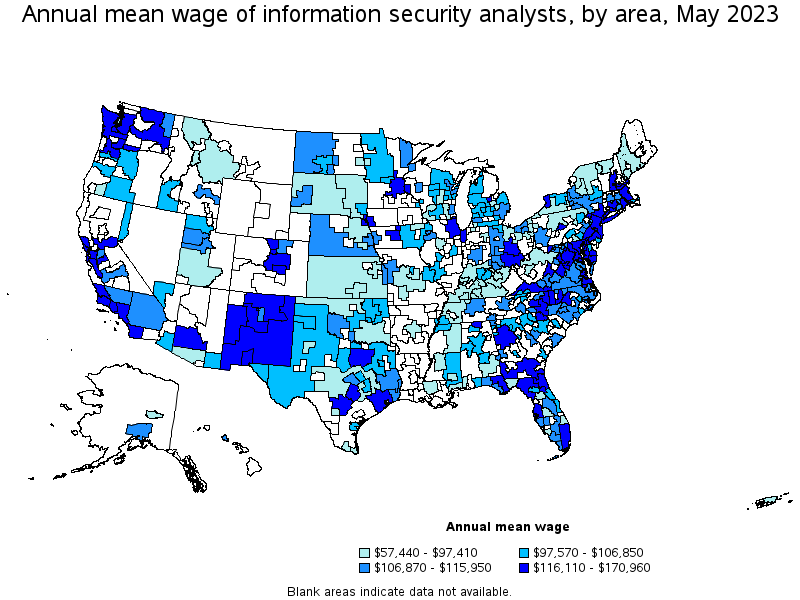 Map of annual mean wages of information security analysts by area, May 2022