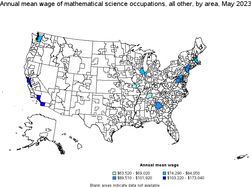 Map of annual mean wages of mathematical science occupations, all other by area, May 2022
