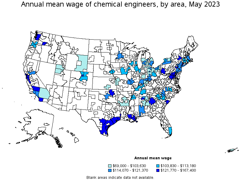 Map of annual mean wages of chemical engineers by area, May 2021