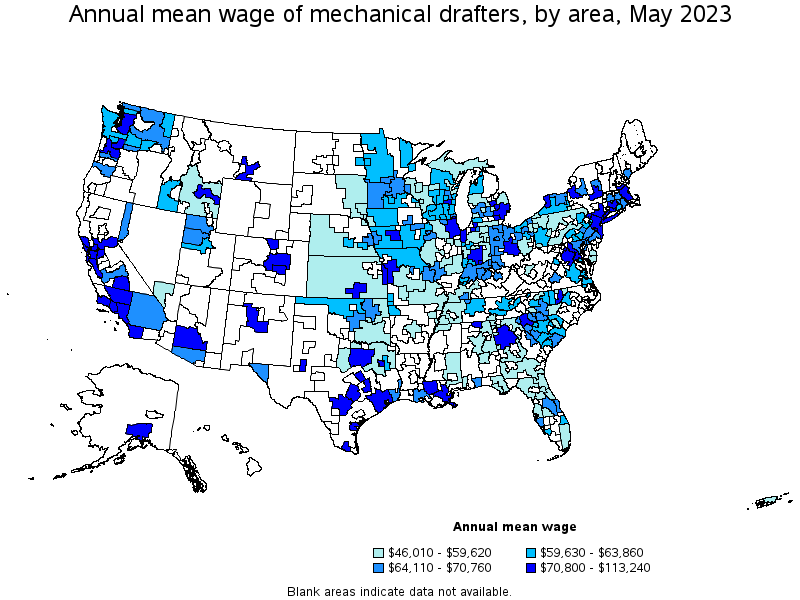 Map of annual mean wages of mechanical drafters by area, May 2021
