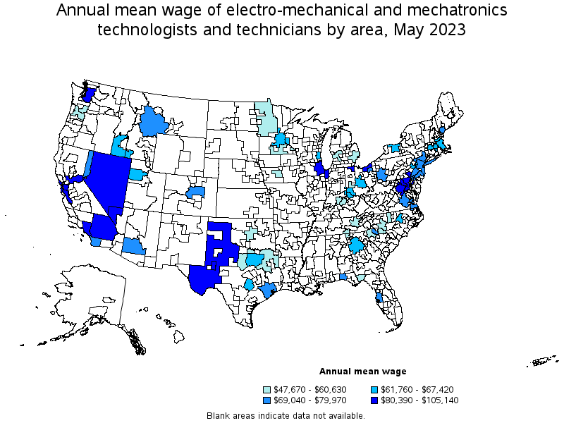 Map of annual mean wages of electro-mechanical and mechatronics technologists and technicians by area, May 2021