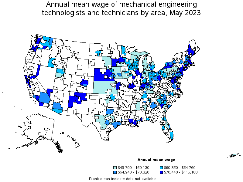 Map of annual mean wages of mechanical engineering technologists and technicians by area, May 2021