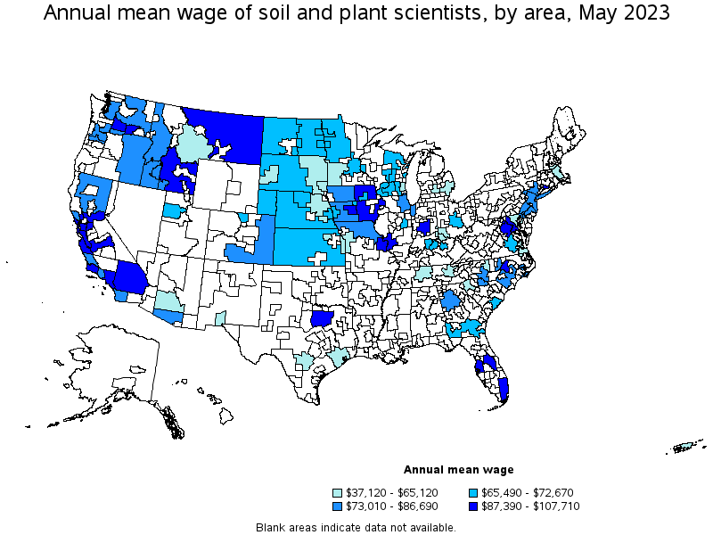 Map of annual mean wages of soil and plant scientists by area, May 2021
