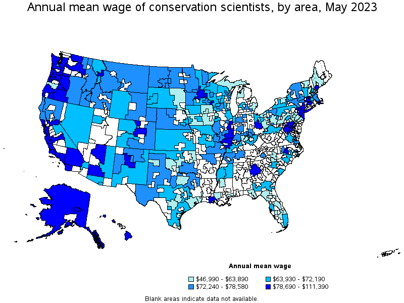 Map of annual mean wages of conservation scientists by area, May 2021