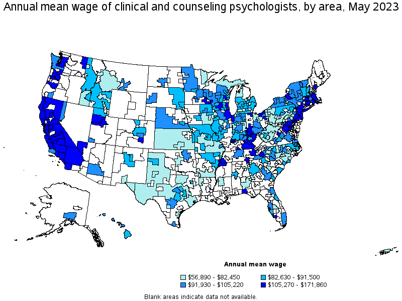 Map of annual mean wages of clinical and counseling psychologists by area, May 2021