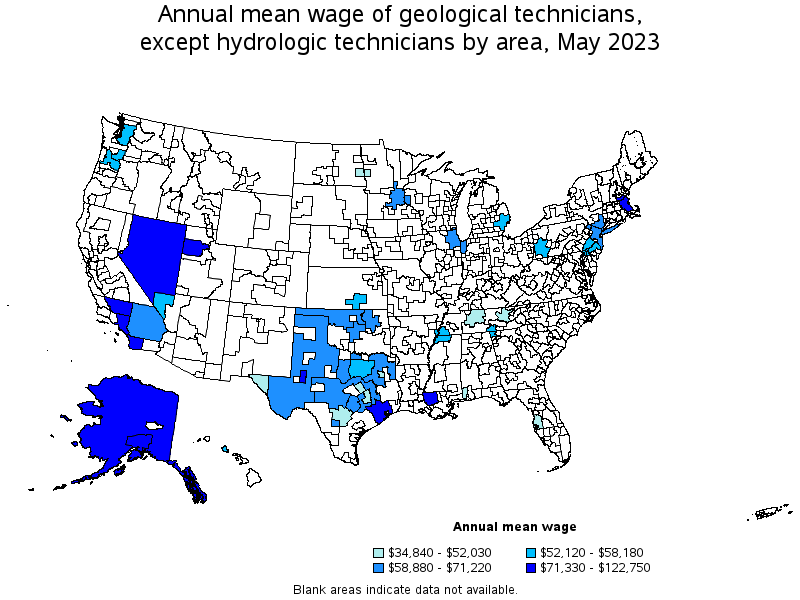Map of annual mean wages of geological technicians, except hydrologic technicians by area, May 2021