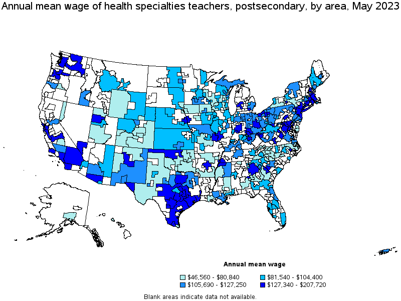 Map of annual mean wages of health specialties teachers, postsecondary by area, May 2021