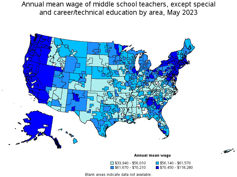 Map of annual mean wages of middle school teachers, except special and career/technical education by area, May 2022