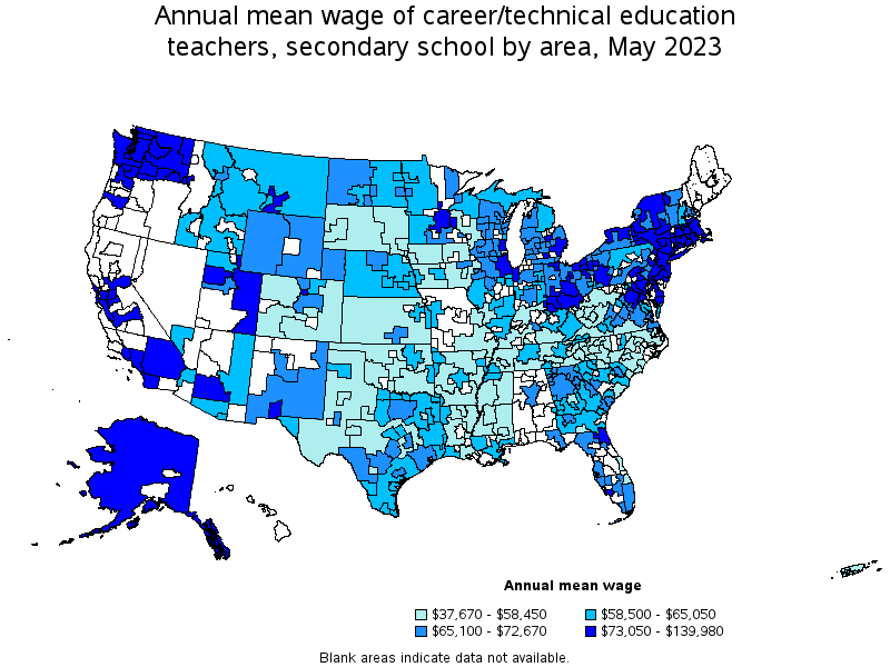 Map of annual mean wages of career/technical education teachers, secondary school by area, May 2022