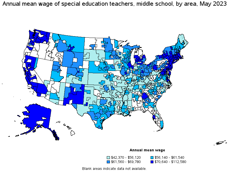 Map of annual mean wages of special education teachers, middle school by area, May 2021