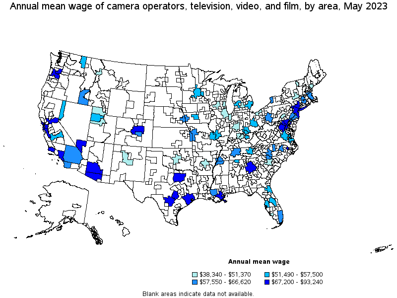 Map of annual mean wages of camera operators, television, video, and film by area, May 2021