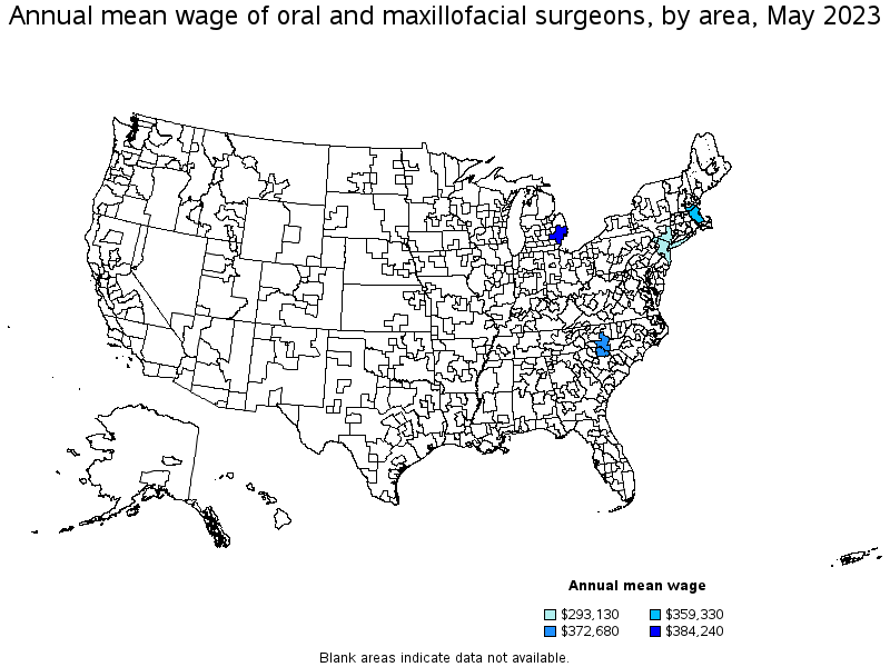 Map of annual mean wages of oral and maxillofacial surgeons by area, May 2022