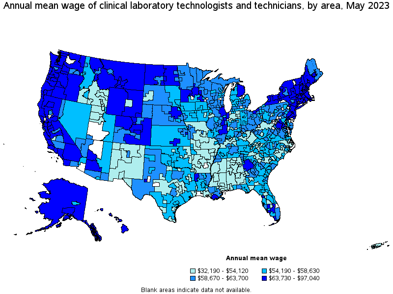 Map of annual mean wages of clinical laboratory technologists and technicians by area, May 2023