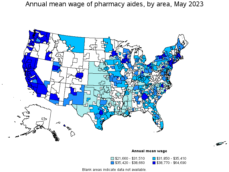 Map of annual mean wages of pharmacy aides by area, May 2021