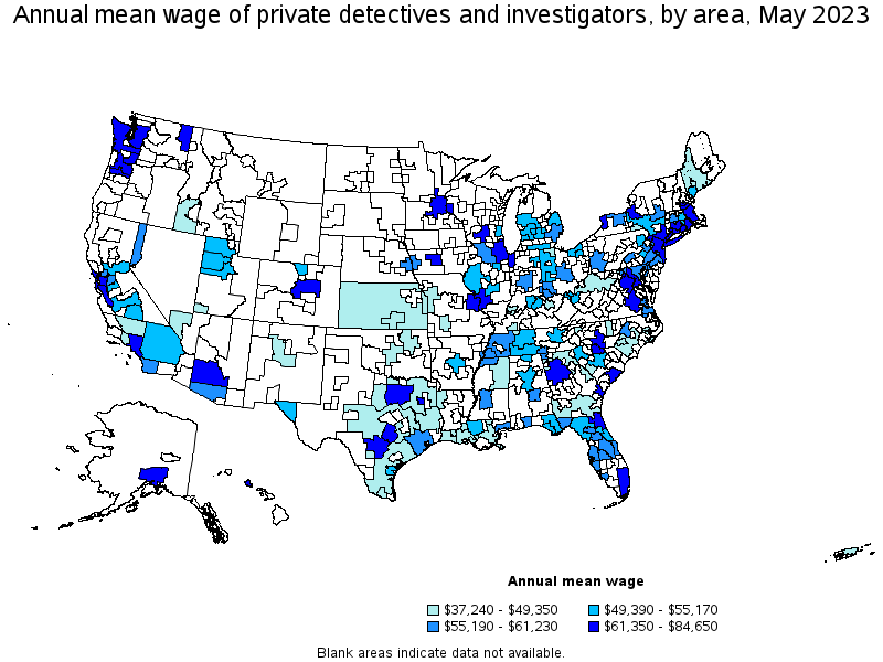 Map of annual mean wages of private detectives and investigators by area, May 2022