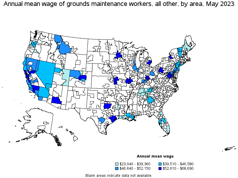 Map of annual mean wages of grounds maintenance workers, all other by area, May 2022