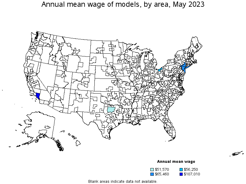 Map of annual mean wages of models by area, May 2023