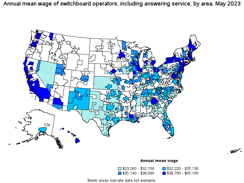 Map of annual mean wages of switchboard operators, including answering service by area, May 2022