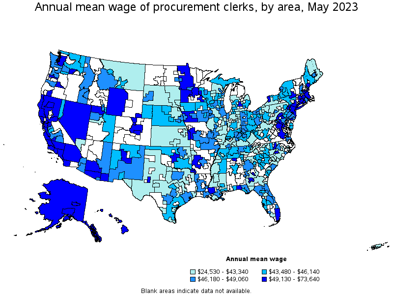 Map of annual mean wages of procurement clerks by area, May 2023