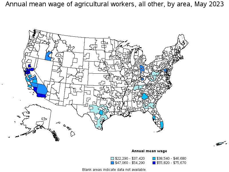 Map of annual mean wages of agricultural workers, all other by area, May 2022