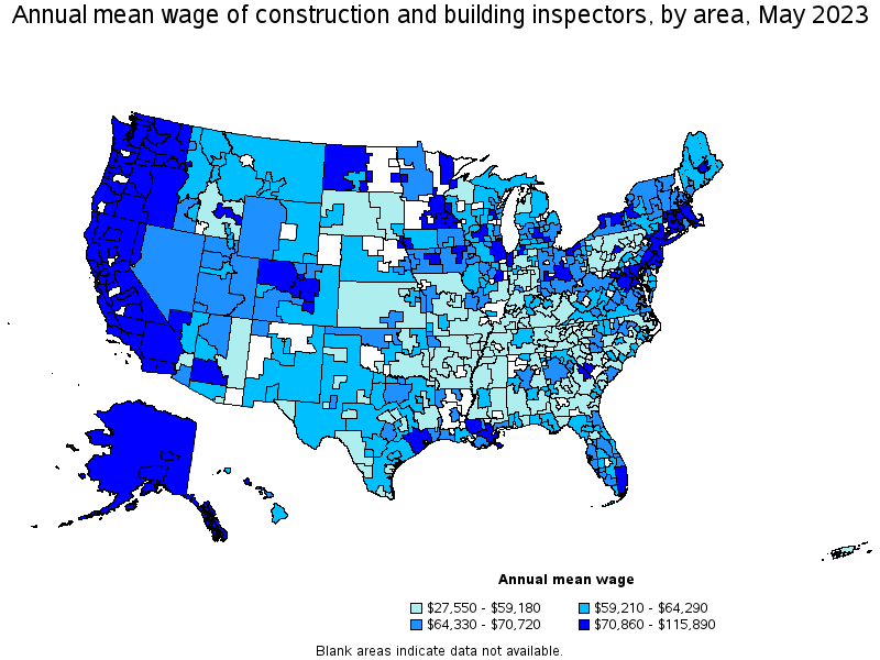 Map of annual mean wages of construction and building inspectors by area, May 2023