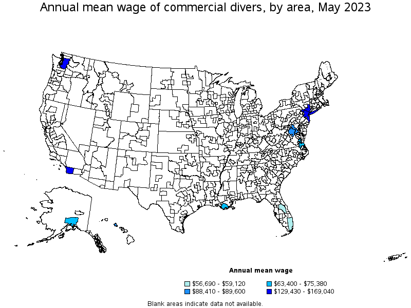 Map of annual mean wages of commercial divers by area, May 2022