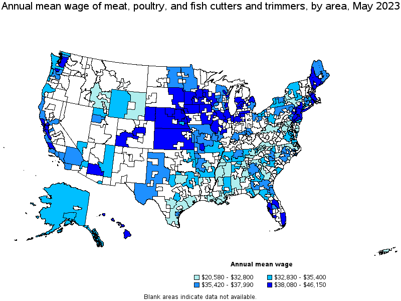 Map of annual mean wages of meat, poultry, and fish cutters and trimmers by area, May 2021