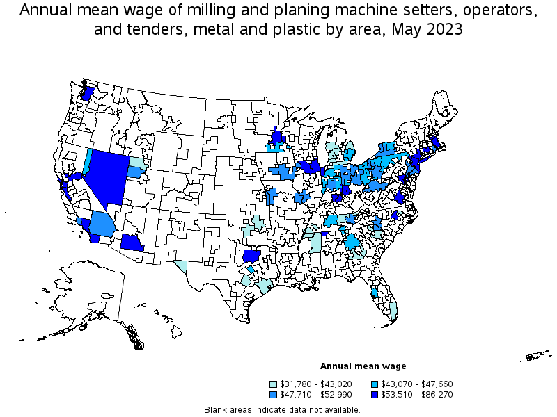Map of annual mean wages of milling and planing machine setters, operators, and tenders, metal and plastic by area, May 2022