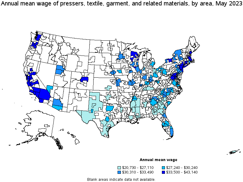Map of annual mean wages of pressers, textile, garment, and related materials by area, May 2022