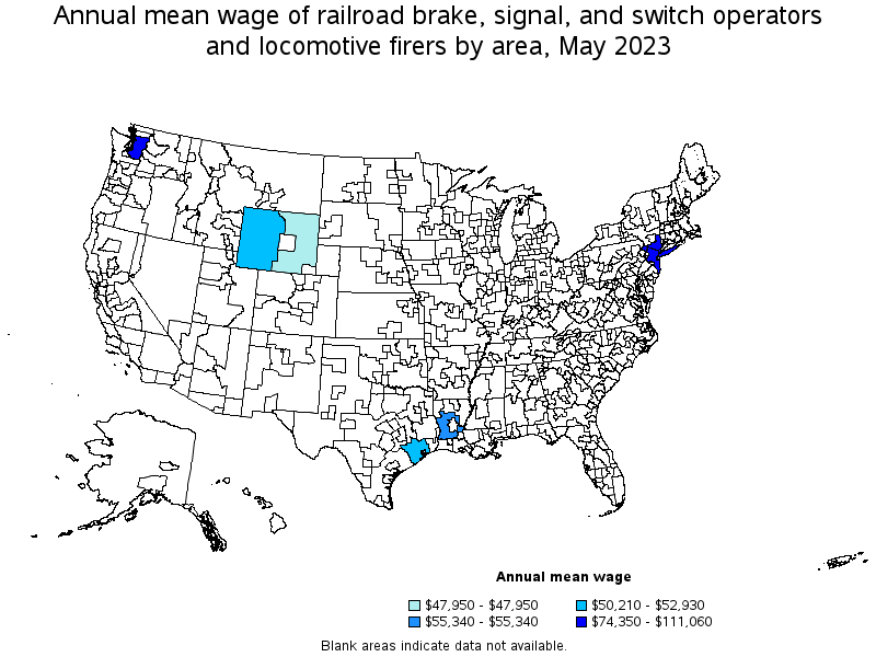 Map of annual mean wages of railroad brake, signal, and switch operators and locomotive firers by area, May 2021