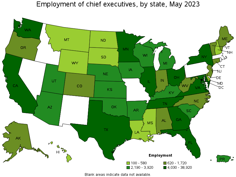 Map of employment of chief executives by state, May 2021