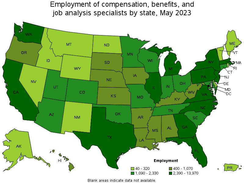 Map of employment of compensation, benefits, and job analysis specialists by state, May 2022