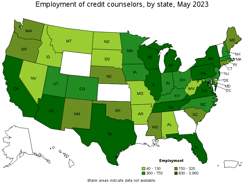 Map of employment of credit counselors by state, May 2021