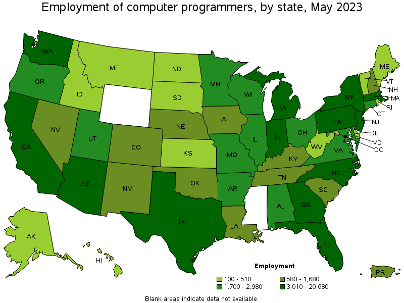 Map of employment of computer programmers by state, May 2021