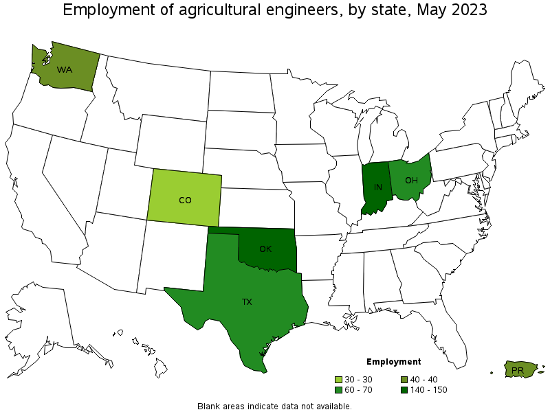 Map of employment of agricultural engineers by state, May 2021