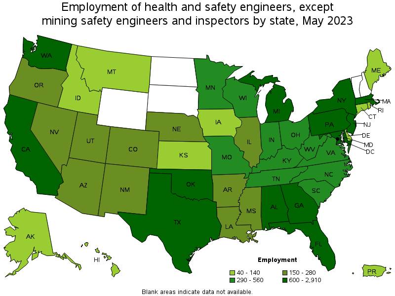 Map of employment of health and safety engineers, except mining safety engineers and inspectors by state, May 2021