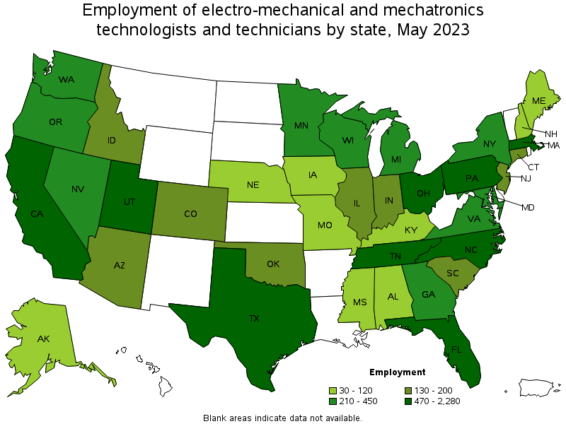 Map of employment of electro-mechanical and mechatronics technologists and technicians by state, May 2022