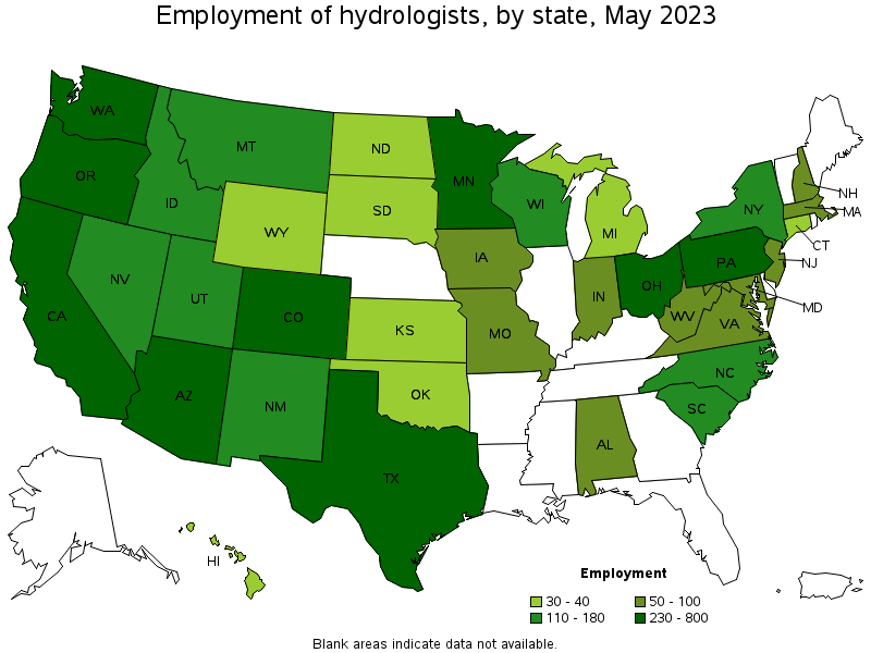 Map of employment of hydrologists by state, May 2021