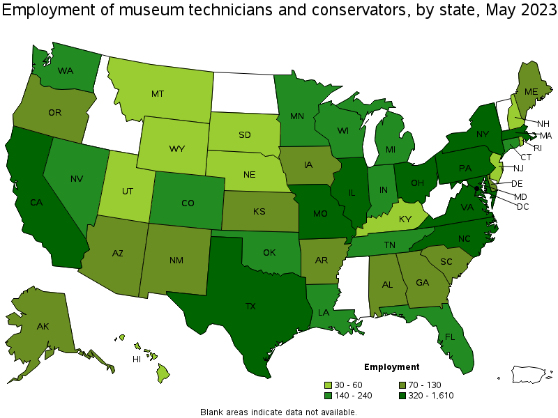Map of employment of museum technicians and conservators by state, May 2021