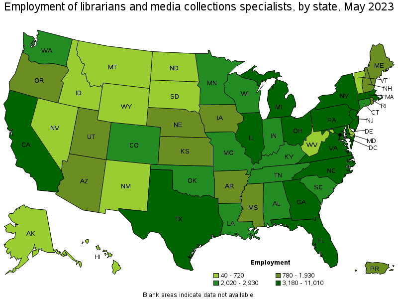 Map of employment of librarians and media collections specialists by state, May 2022