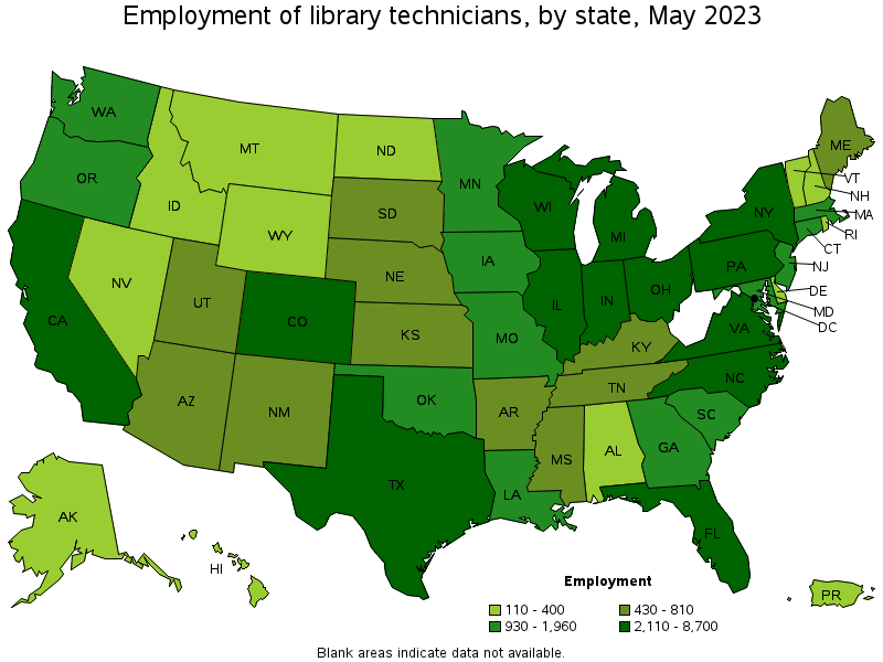 Map of employment of library technicians by state, May 2022