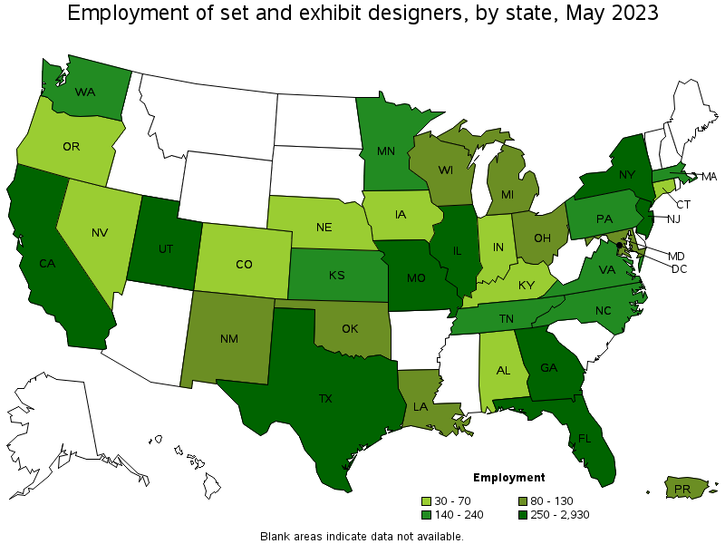 Map of employment of set and exhibit designers by state, May 2021