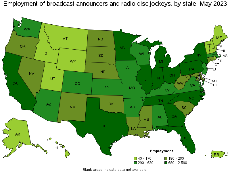 Map of employment of broadcast announcers and radio disc jockeys by state, May 2021