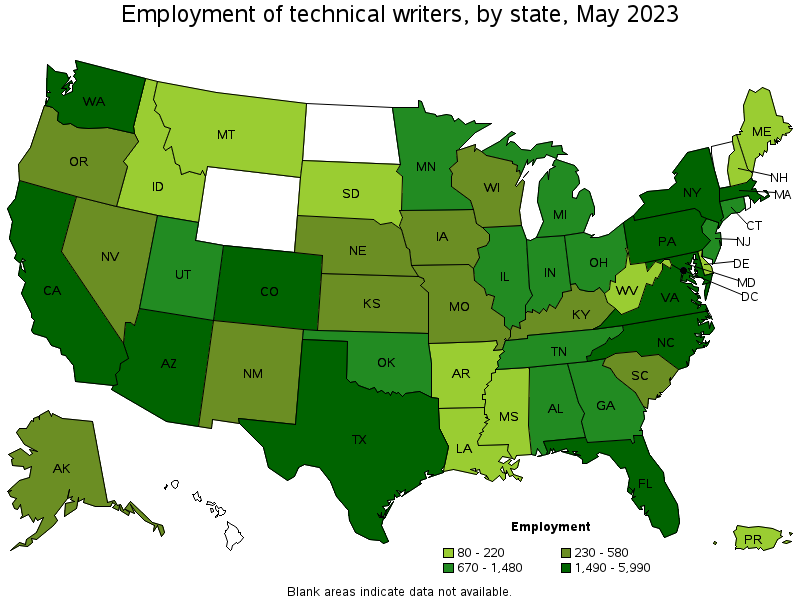 Map of employment of technical writers by state, May 2021