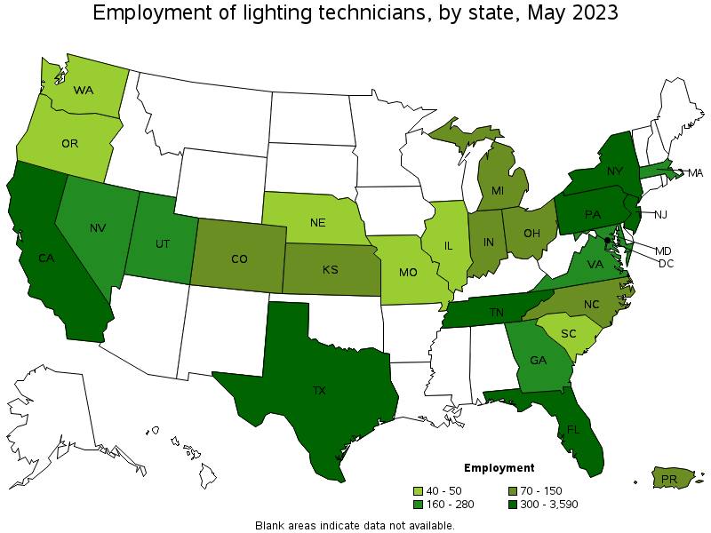 Map of employment of lighting technicians by state, May 2022