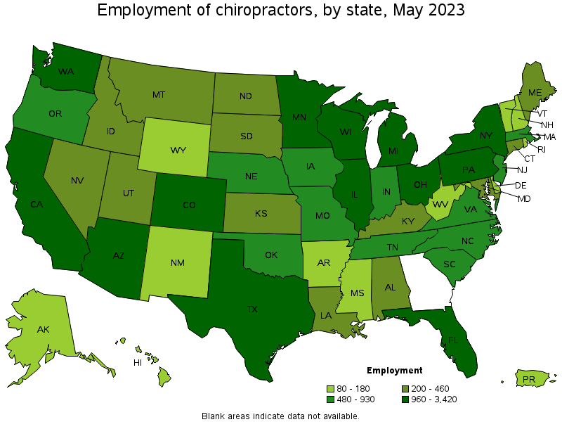 Map of employment of chiropractors by state, May 2022