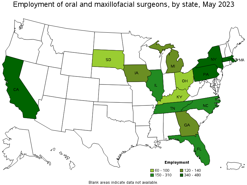 Map of employment of oral and maxillofacial surgeons by state, May 2022