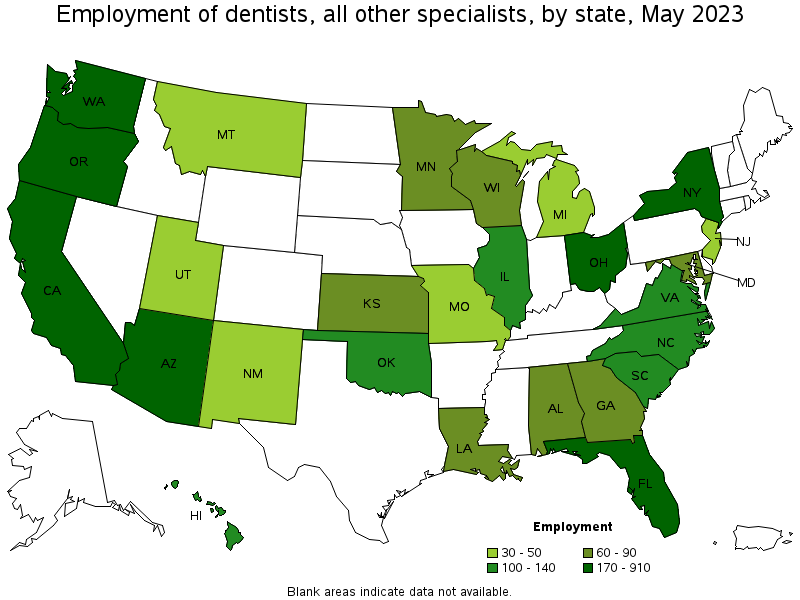 Map of employment of dentists, all other specialists by state, May 2021