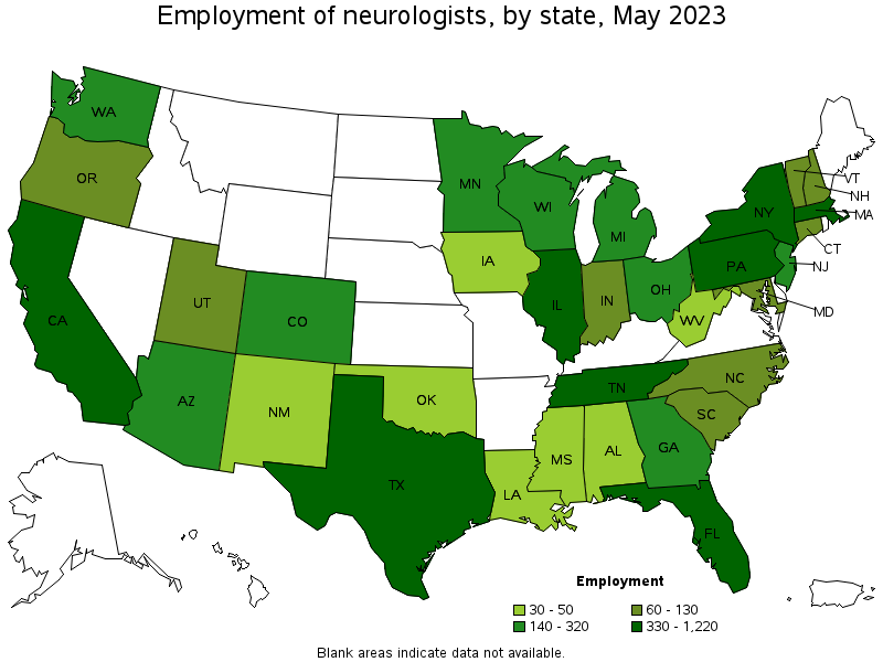 Map of employment of neurologists by state, May 2021