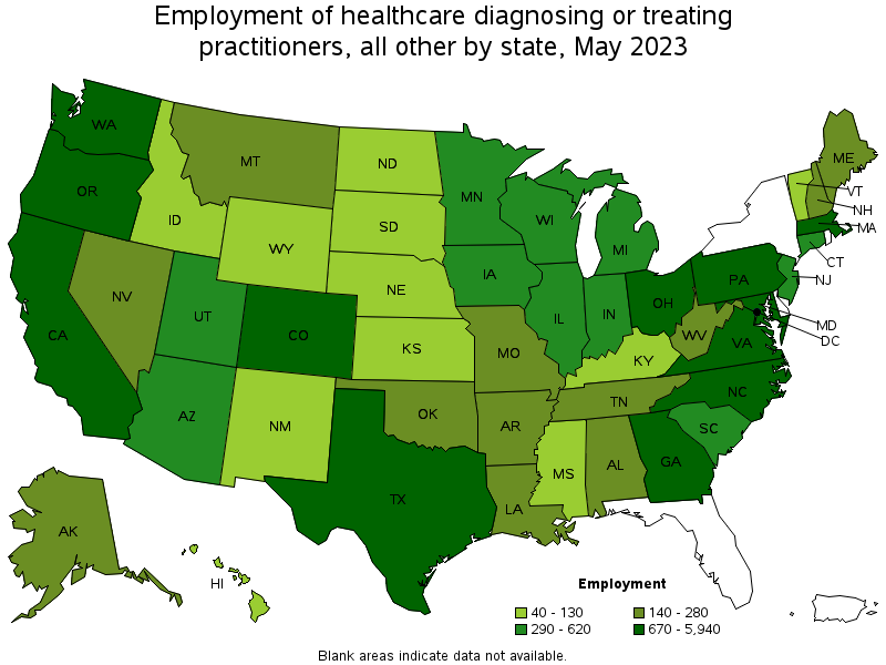 Map of employment of healthcare diagnosing or treating practitioners, all other by state, May 2021